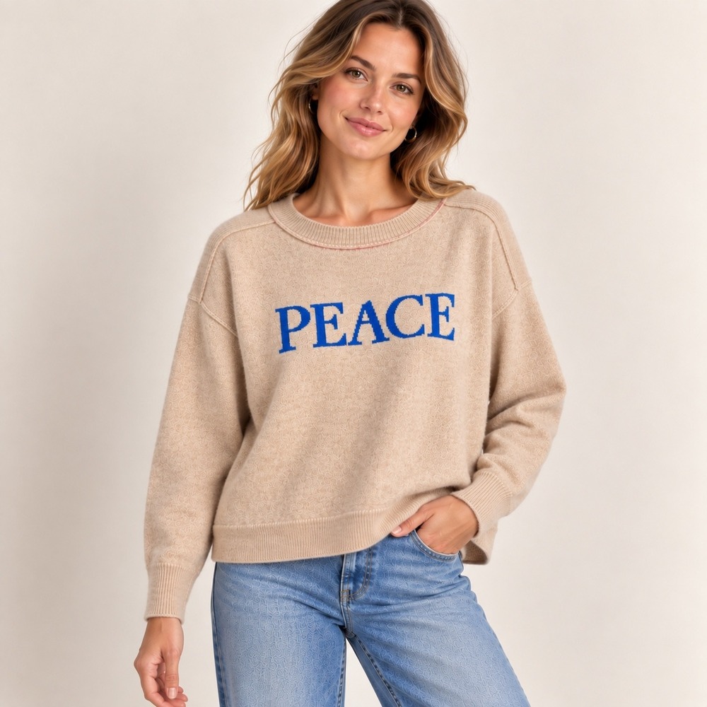 Anthropologie Saturday Sunday 100% Cashmere Peace Sweater XL Beige Blue Boxy